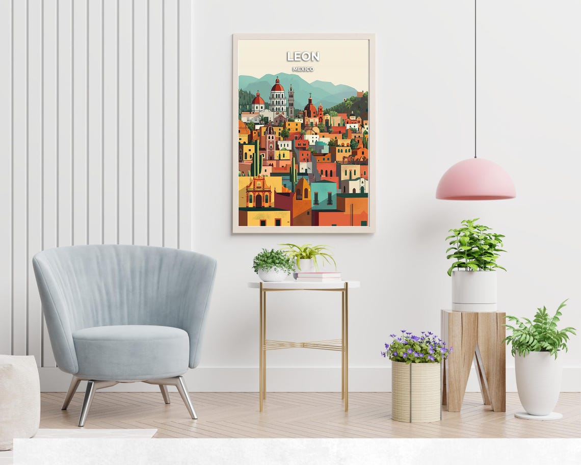 Leon Guanajuato Hillside Churches and Mountains Travel Poster - Image 2