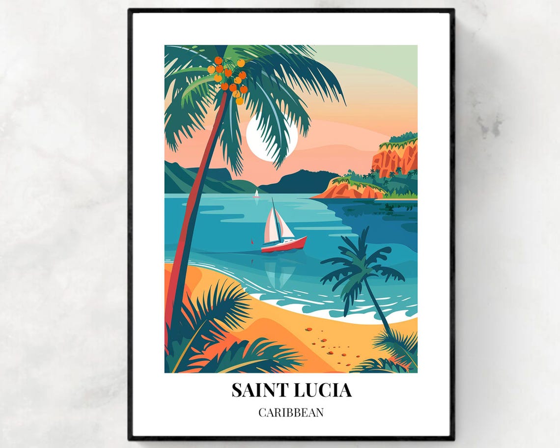 Saint Lucia Caribbean Bay Poster with Sailboat at Sunset Glow