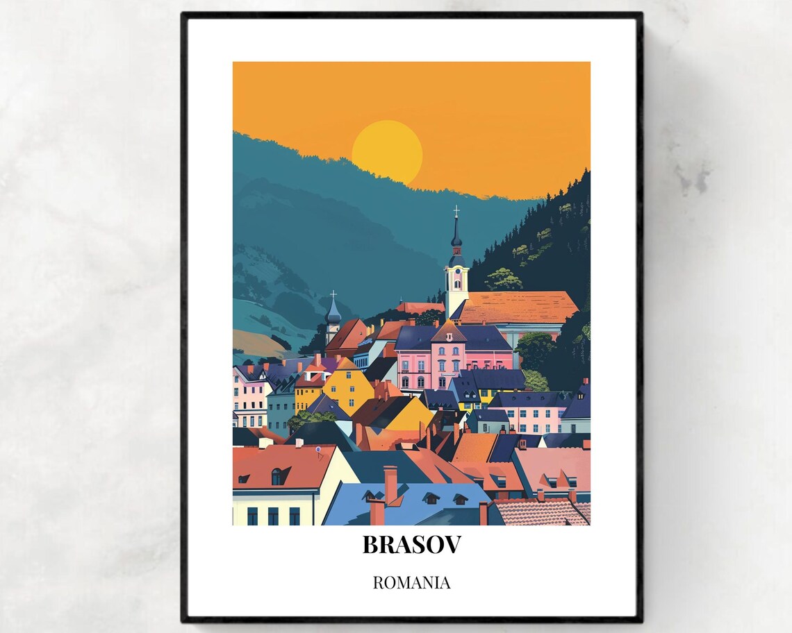 Brasov Romania Colorful Old Town Sunset Church Steeple Travel Poster
