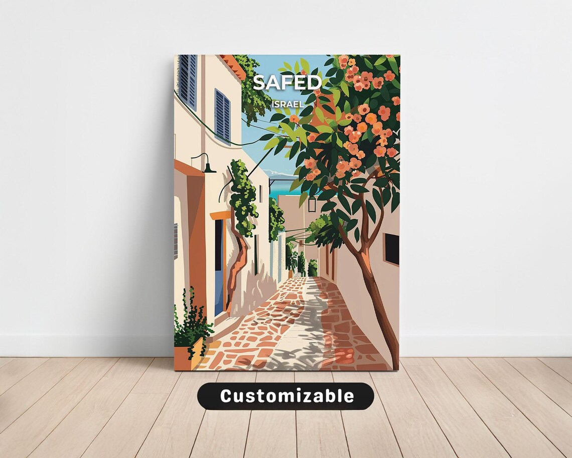 Safed Israel Travel Print Peach Lane Blossom Tree Sunny Old Town Scene