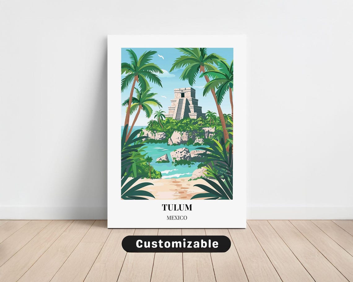 Tulum Mexico Ancient Maya Pyramid Beach Palms Retro Travel Poster