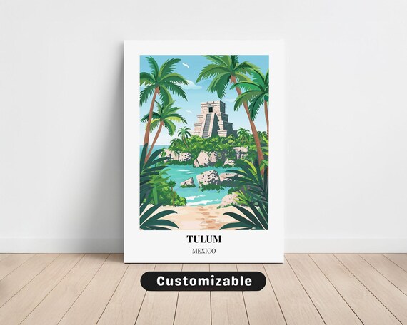 Tulum Mexico Ancient Maya Pyramid Beach Palms Retro Travel Poster