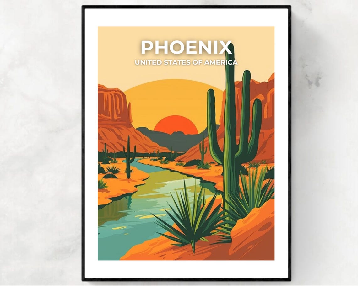 Phoenix Arizona Saguaro Desert Sunset River Scene Travel Poster