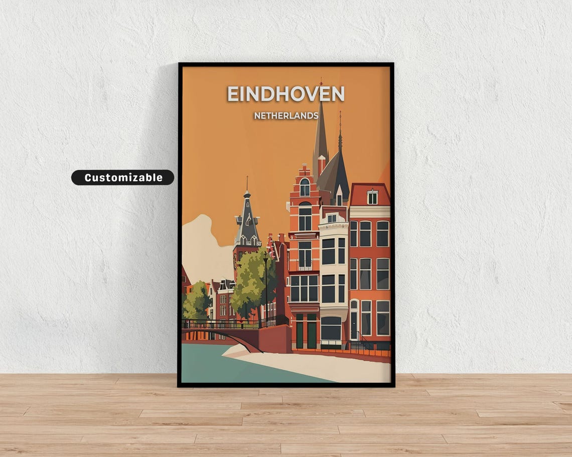Eindhoven Netherlands Vintage City Skyline Travel Illustration Poster
