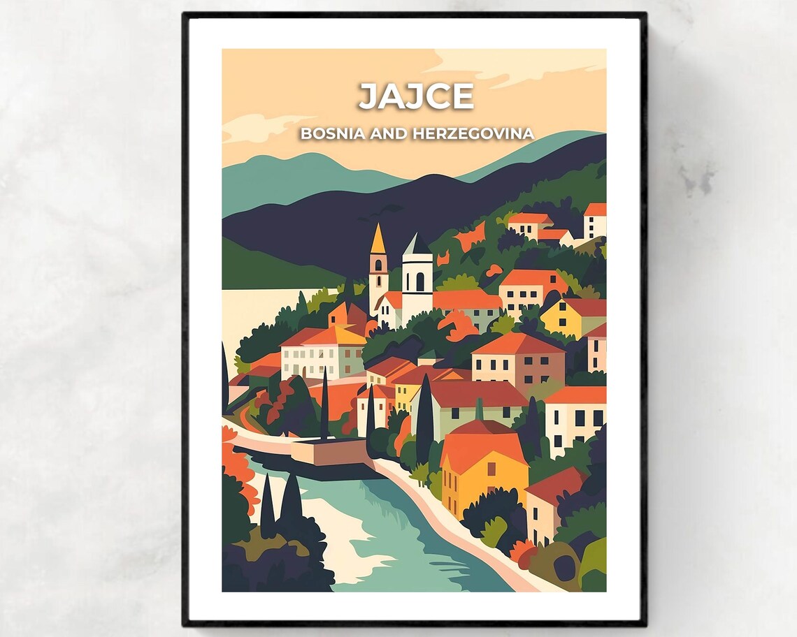 Jajce Bosnia and Herzegovina Old Town River Sunset Travel Poster