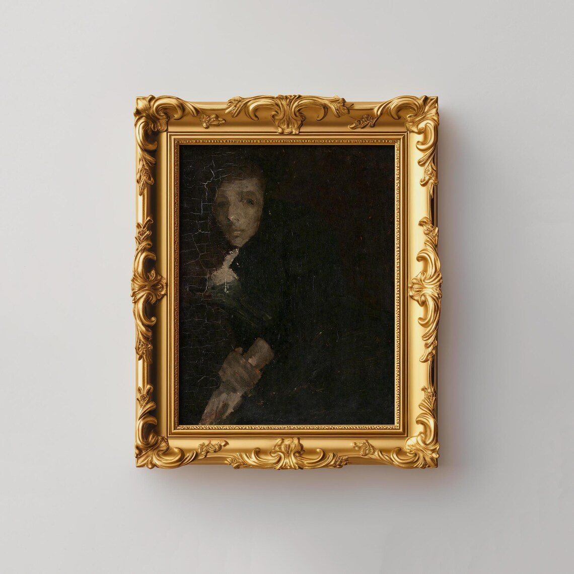Moody Dark Vintage Oil Painting Portrait In Ornate Gold Frame Poster