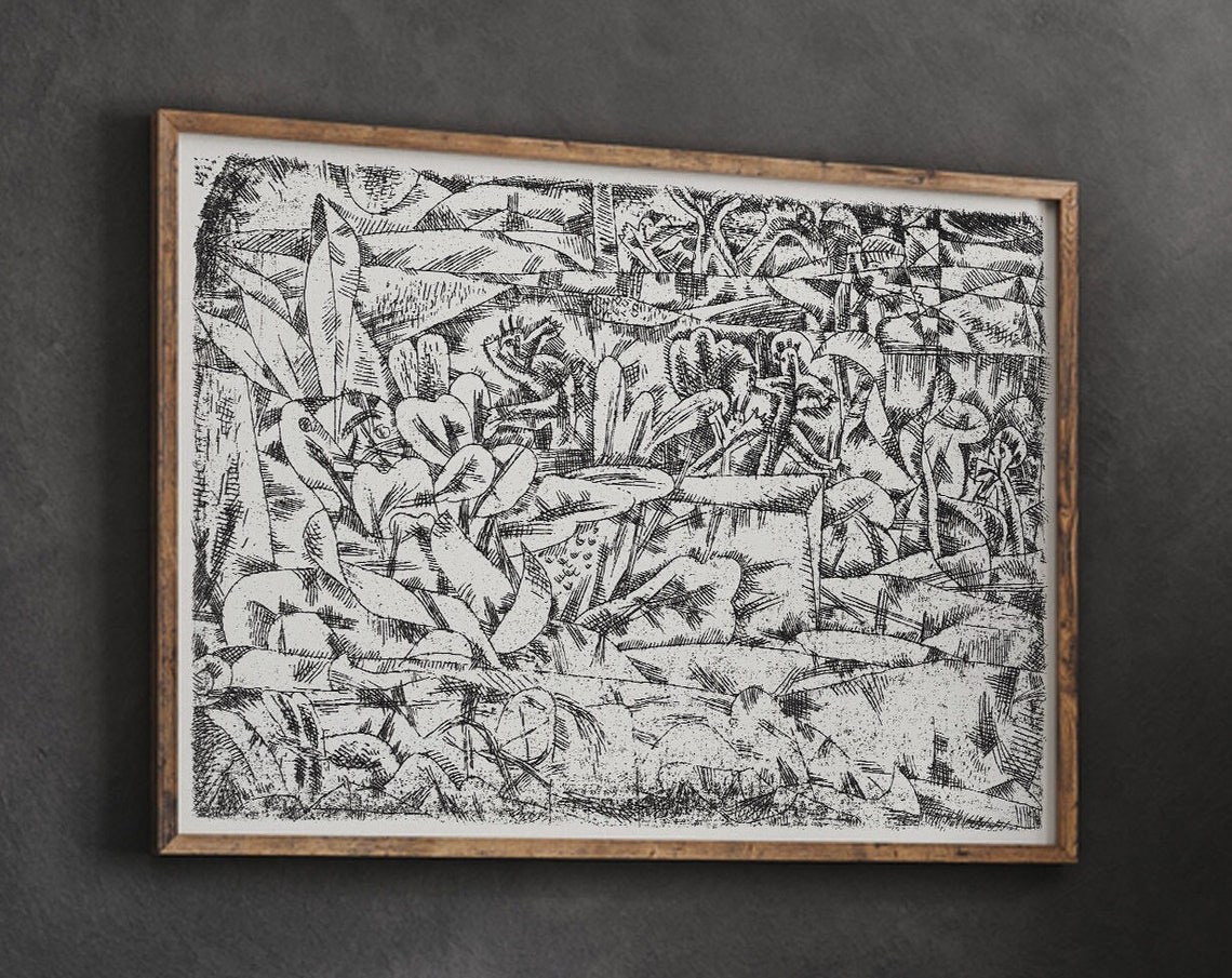 Black and White Ink Jungle Scene Modernist Etching Art Poster