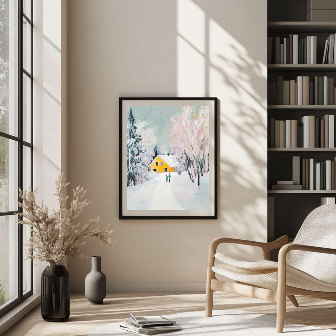 Yellow Cottage In Snowy Nordic Forest Winter Wonderland Art Poster - Image 2
