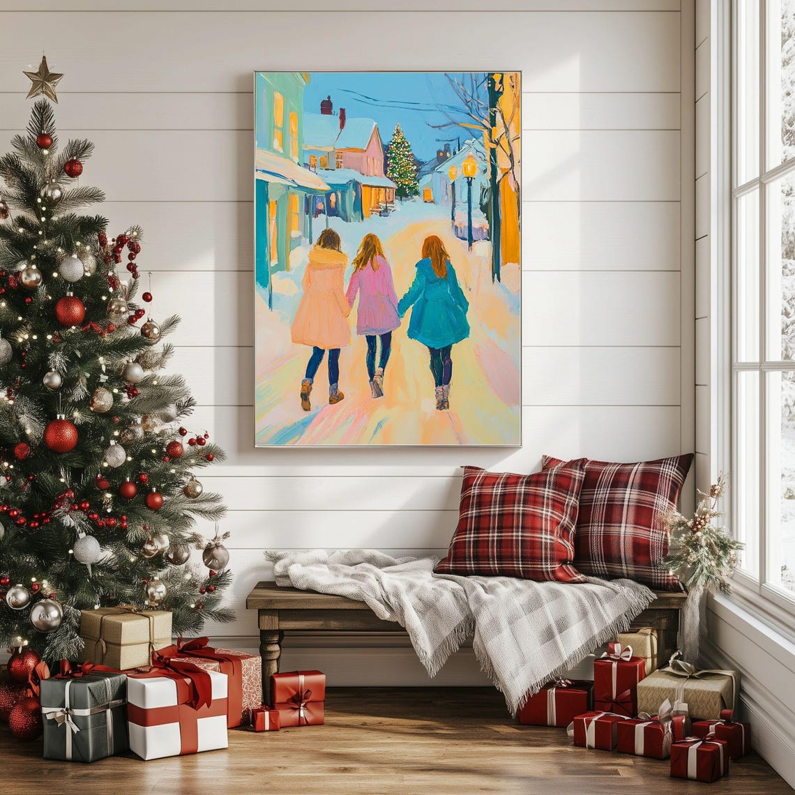 Three Girls Walking Through Snowy Christmas Town Scene Art Poster - Image 2