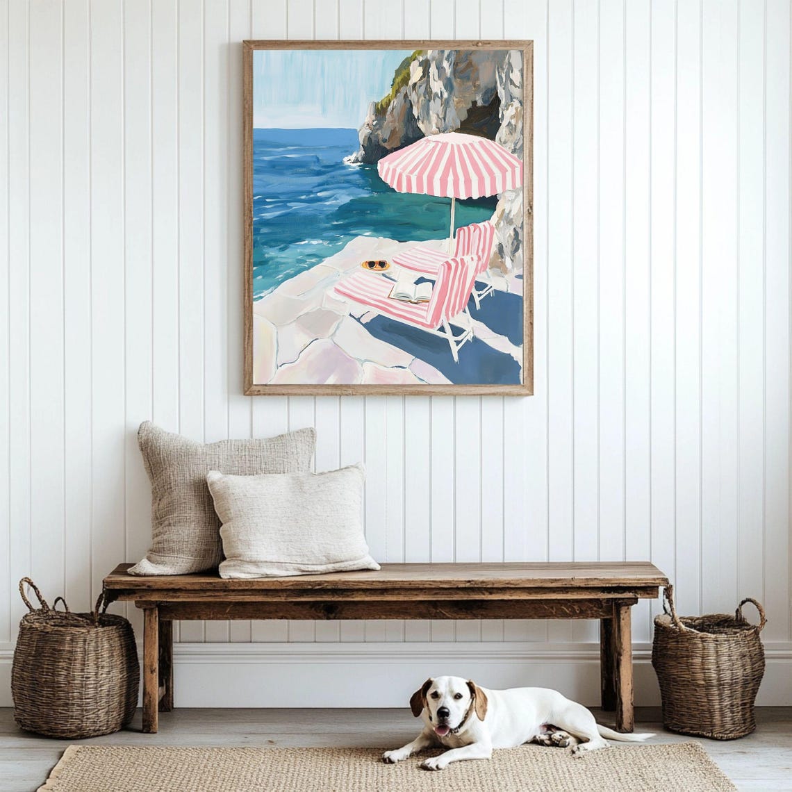Pink Striped Umbrella And Chairs On Rocky Cliff Beach Art Poster - Image 3