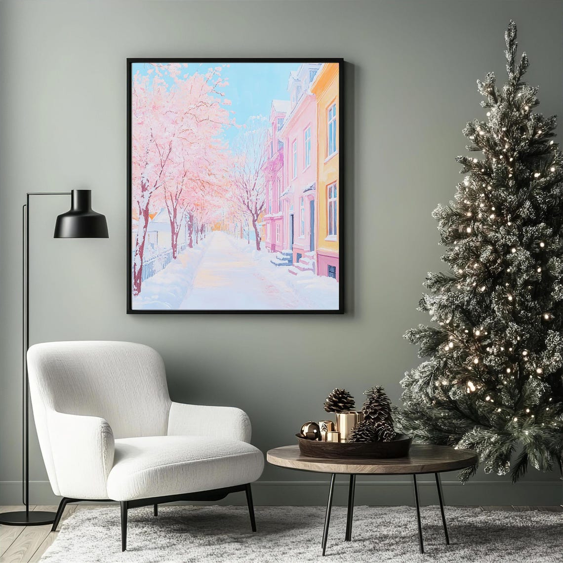 Winter Street Art Pastel Cityscape With Snowy Pink Tree Serene Winter Wonderland Decor City Winter Scene Winter Wall Decor - Image 2