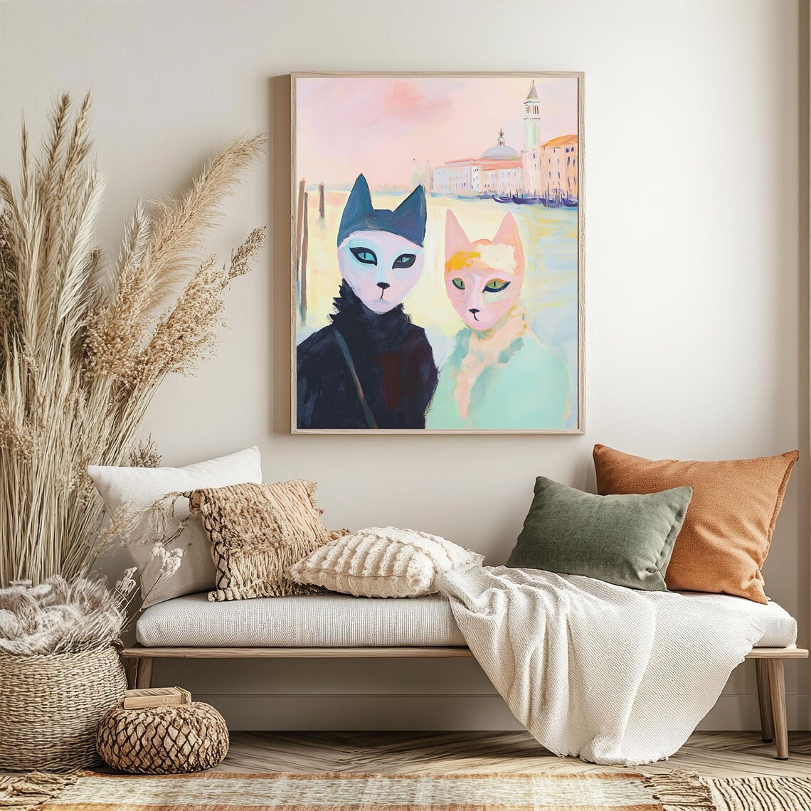 Masked Cats in Venice with Grand Canal View Whimsical Poster - Image 3