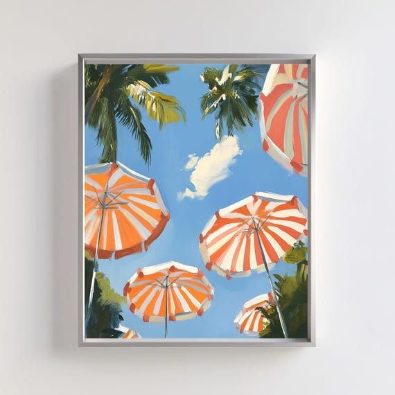 Orange Striped Beach Umbrella Art Print, Coastal