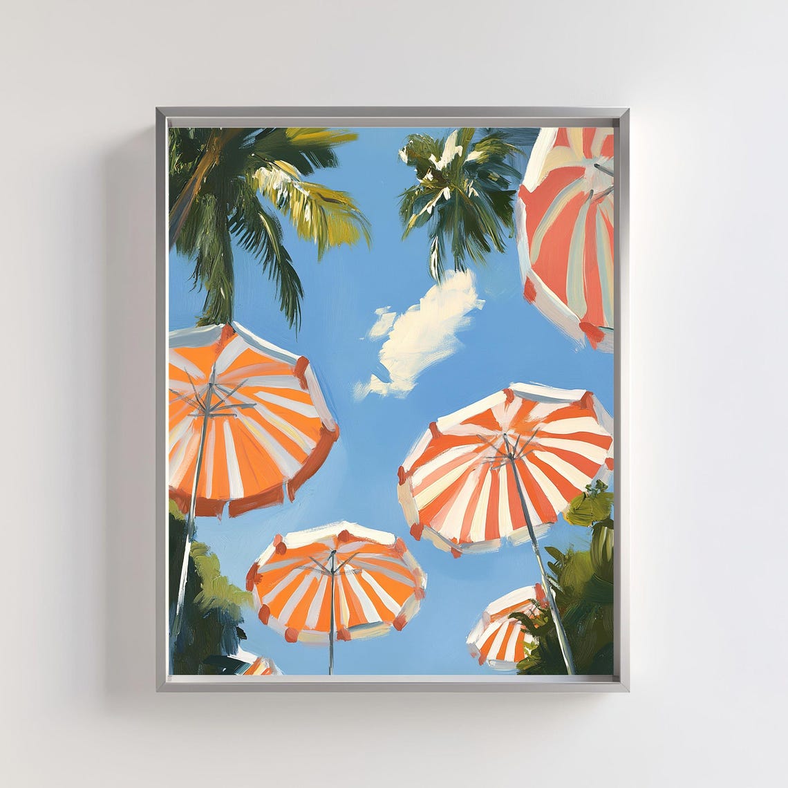 Orange Striped Beach Umbrella Art Print, Coastal