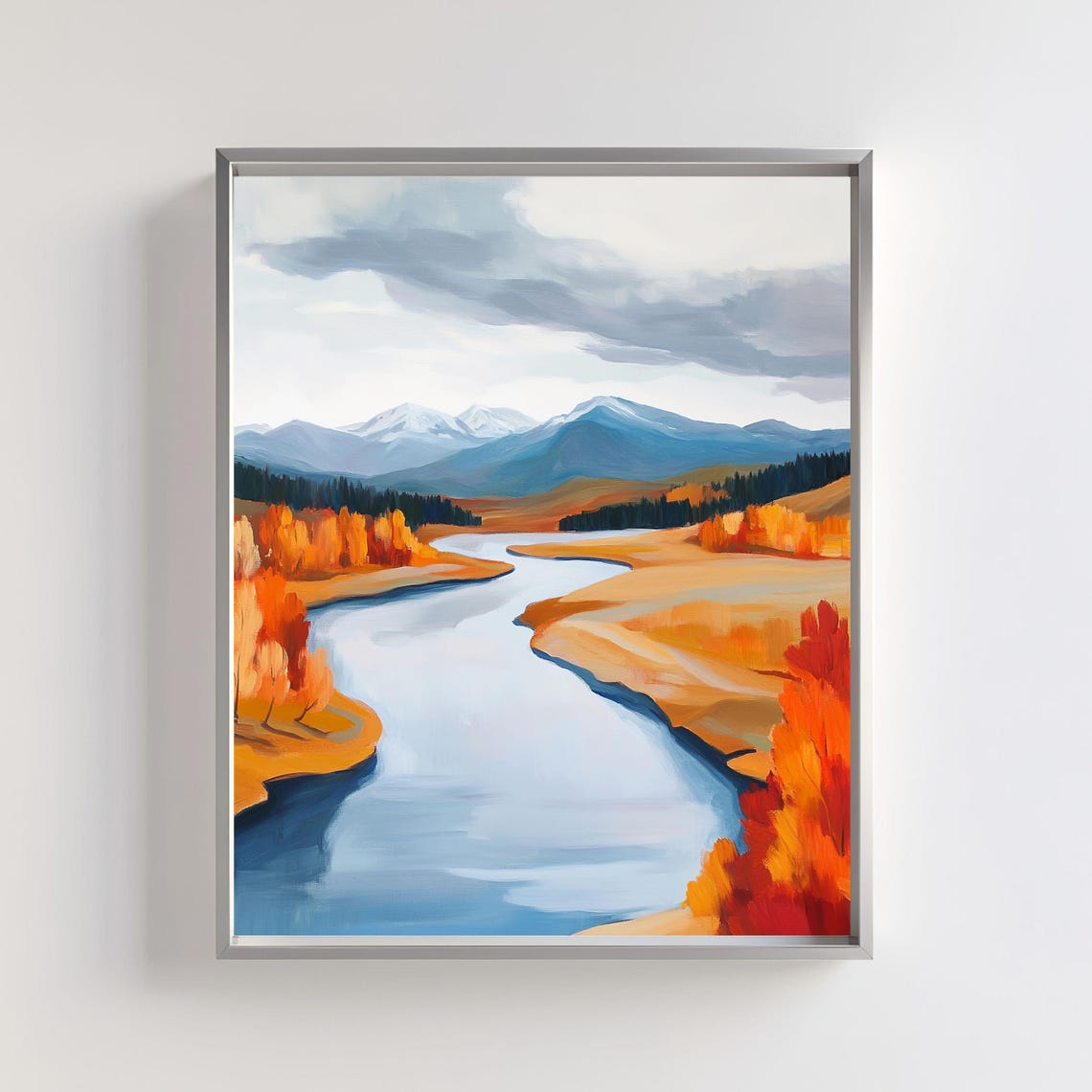 Winding Autumn River Through Golden Valley Mountains Art Poster