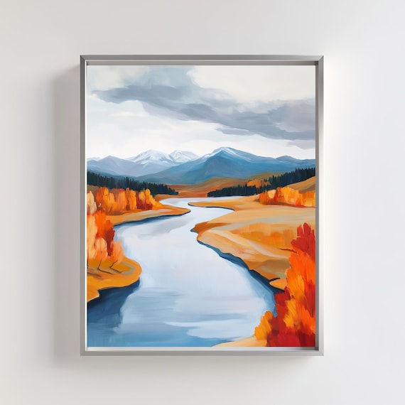 Winding Autumn River Through Golden Valley Mountains Art Poster
