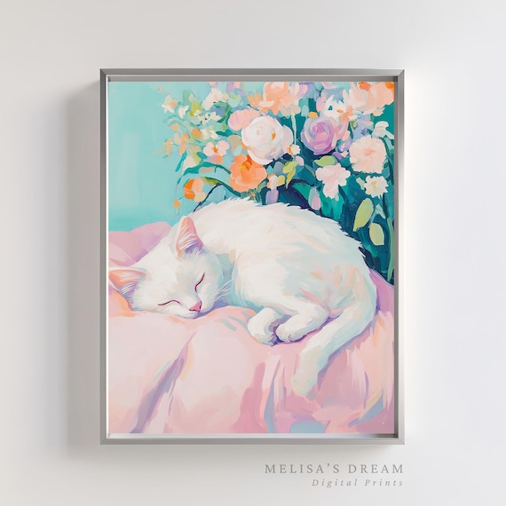 Sleeping White Cat Pastel Floral Bouquet Cat Lover Gift Poster