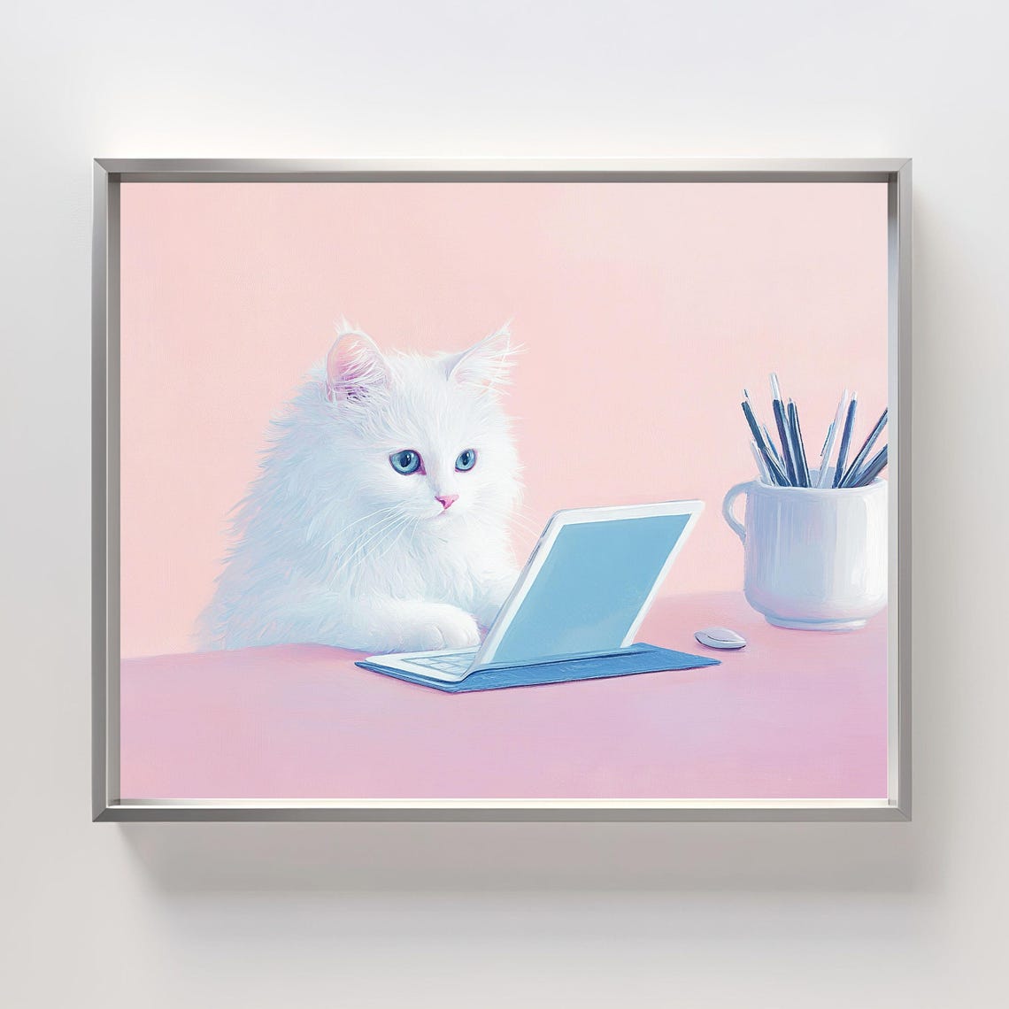 White Cat Working on Laptop Pink Home Office Desk Animal Poster