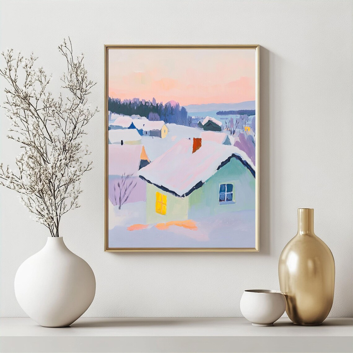 Winter Village Art Print, Snowy Scandinavian Landscape - Image 4
