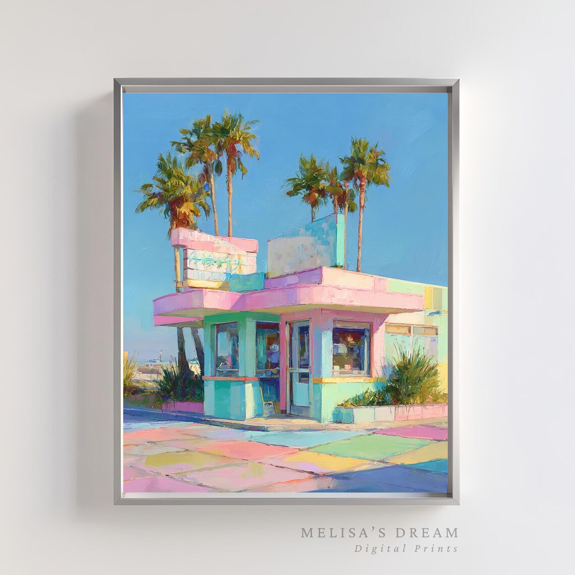 Pastel Retro Diner With Palm Trees Travel Poster