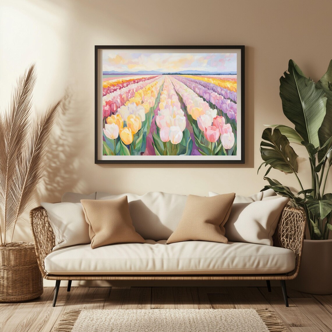 Tulip Field, Pastel Spring Floral Landscape Art Print - Image 2