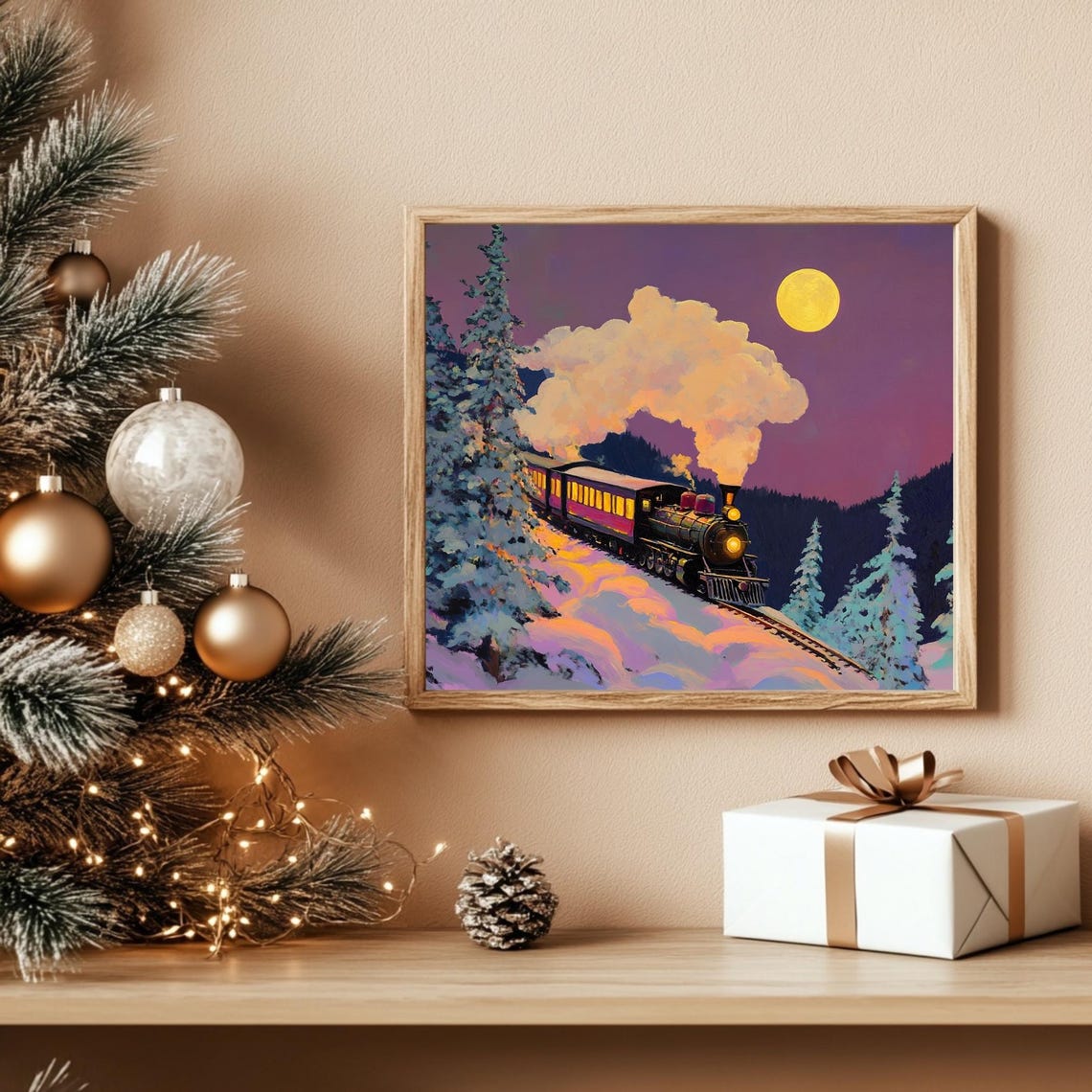 Christmas Steam Train Under Full Moon Purple Night Winter Poster - Image 3
