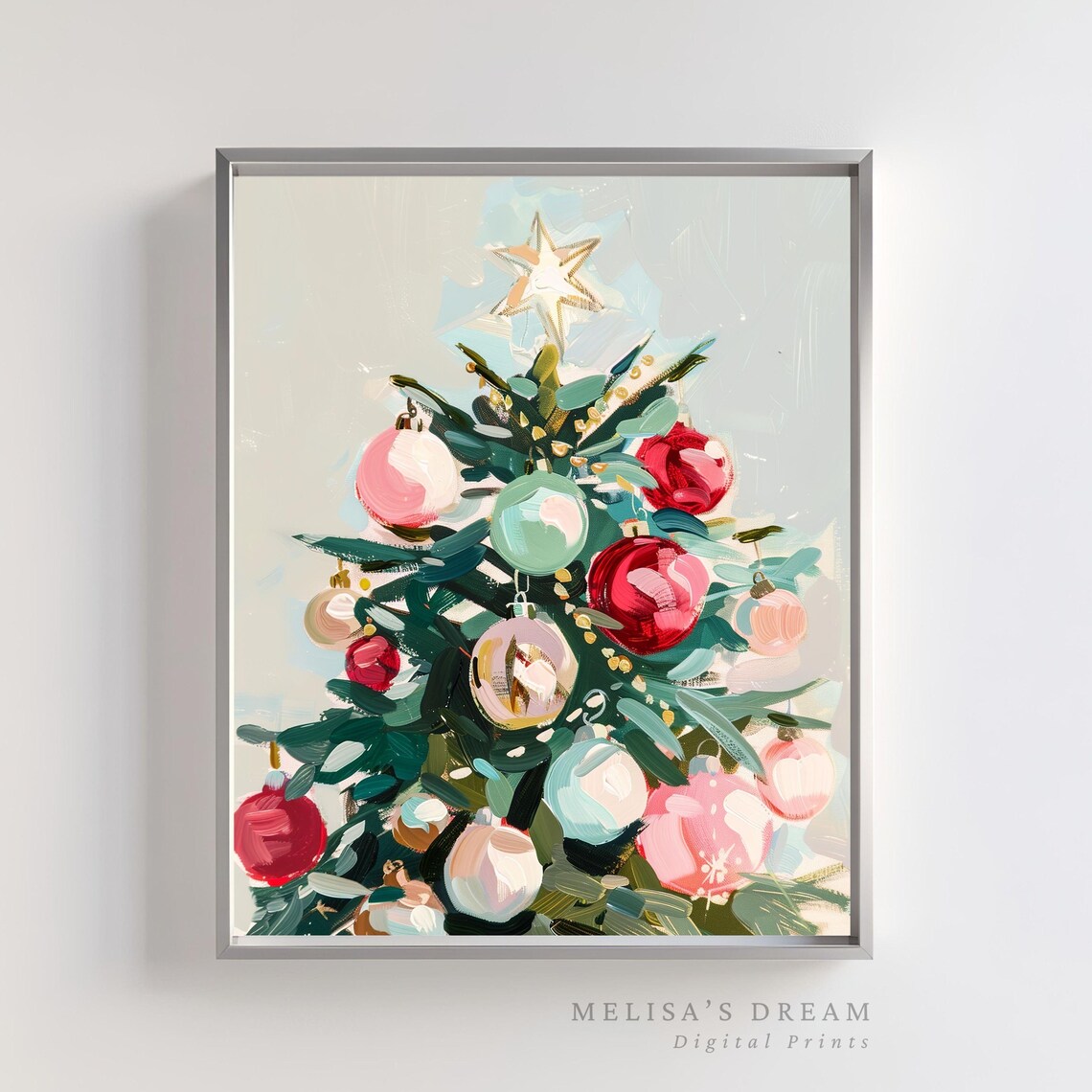 Modern Christmas Tree Art Print, Festive Ornaments