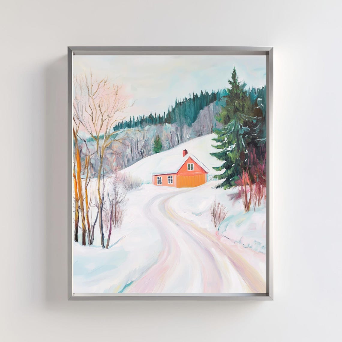 Red Cabin On A Winding Snowy Path Nordic Winter Landscape Poster