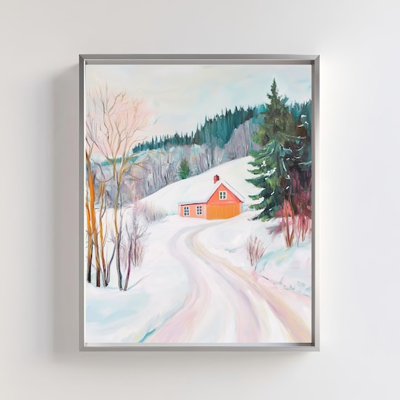 Red Cabin On A Winding Snowy Path Nordic Winter Landscape Poster