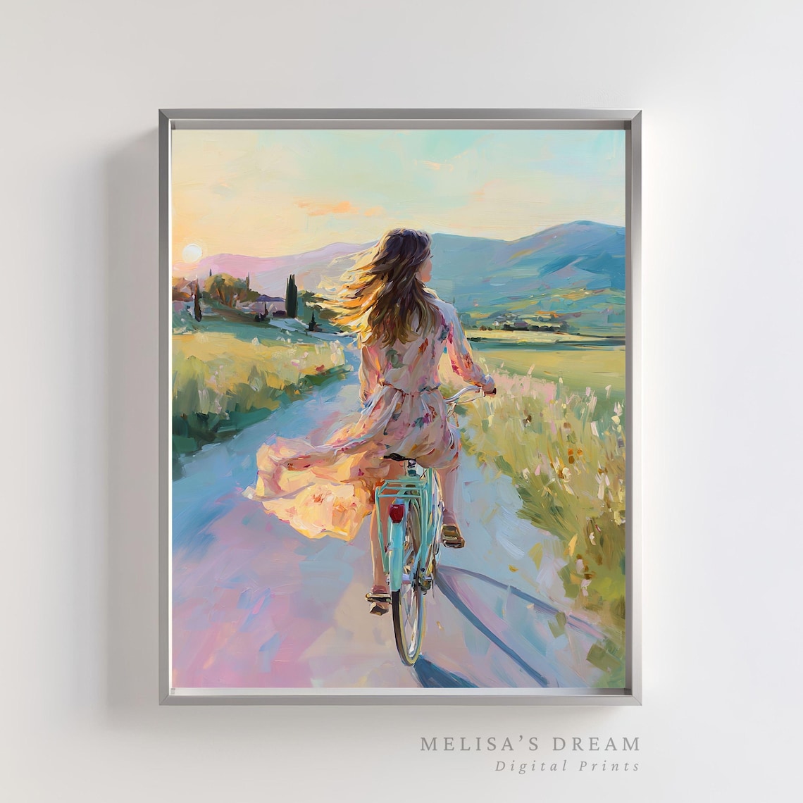 Woman Cycling Countryside Sunset Dreamy Pastel Bike Ride Poster