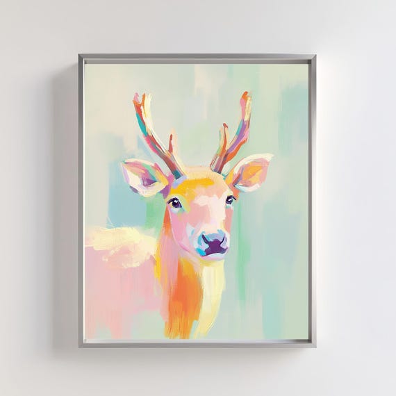 Colorful Rainbow Antler Deer Portrait Whimsical Animal Art Poster