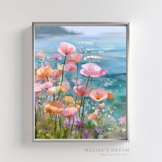 Coastal Pink Poppies and Wildflowers Art Print