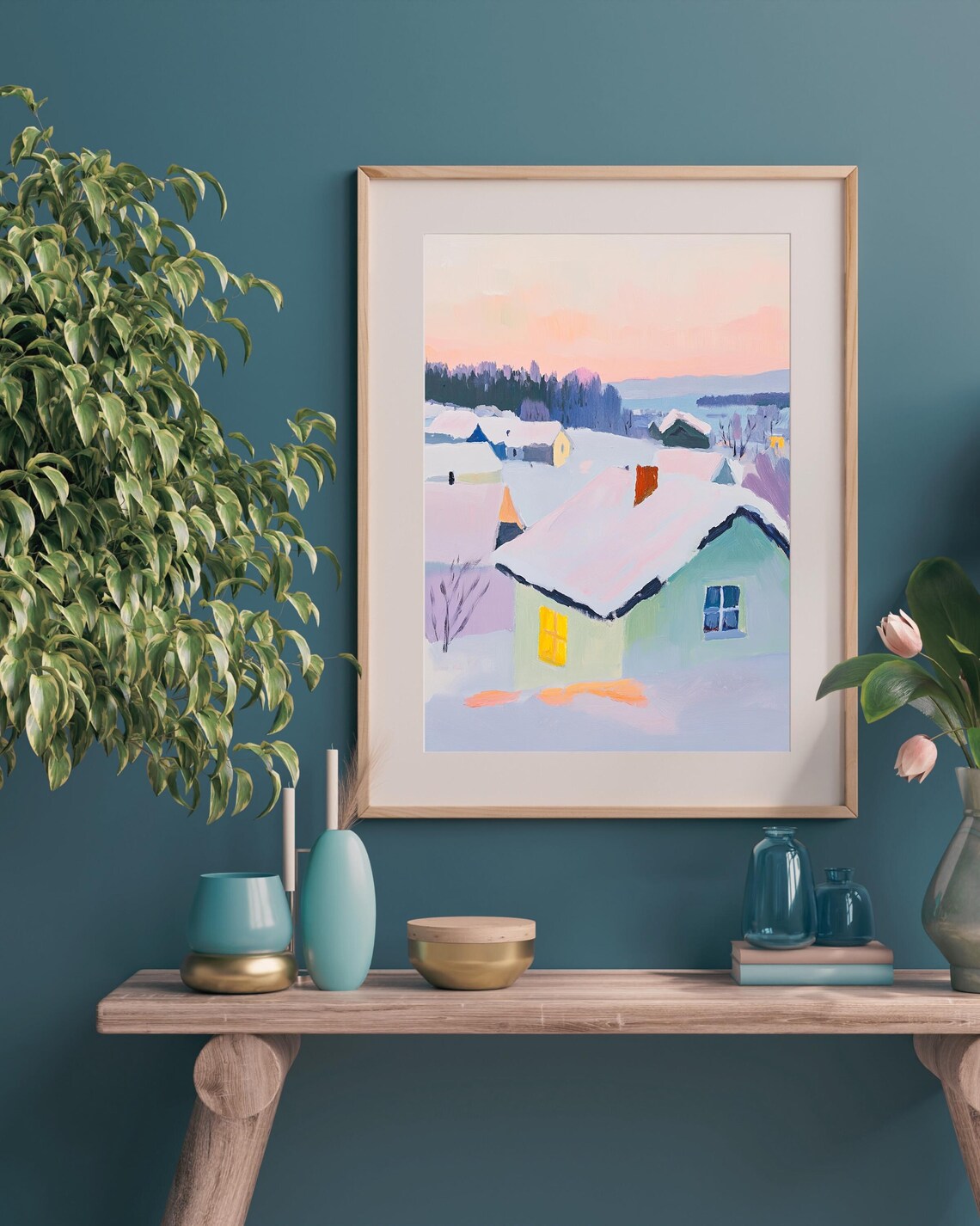 Winter Village Art Print, Snowy Scandinavian Landscape - Image 3