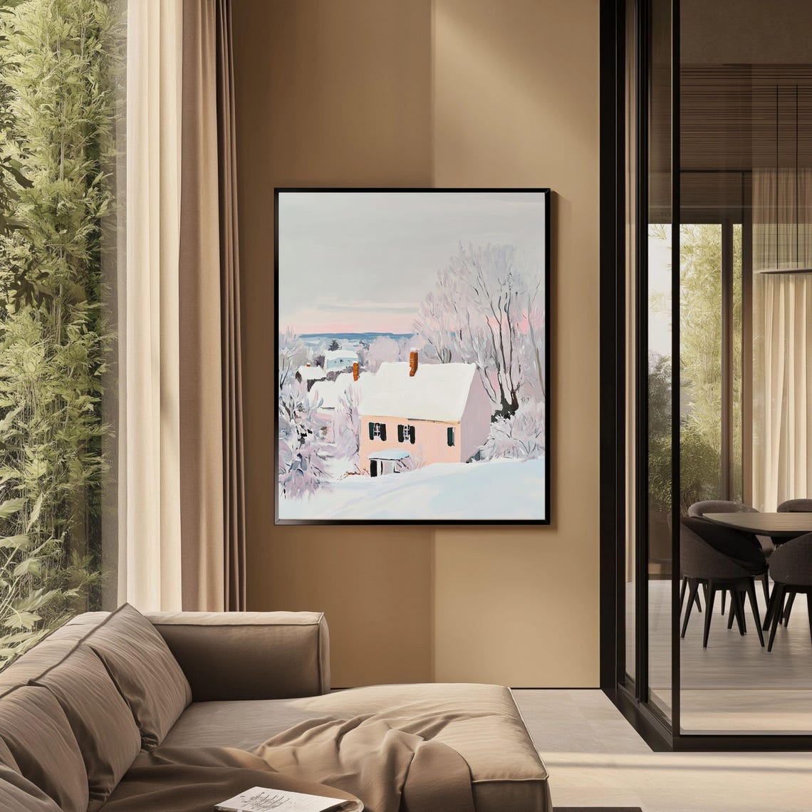Winter Village Landscape Vintage Art Snowy Cottage Wall Decor Antique Farmhouse With Frosty Tree Cozy Winter Scenery - Image 2