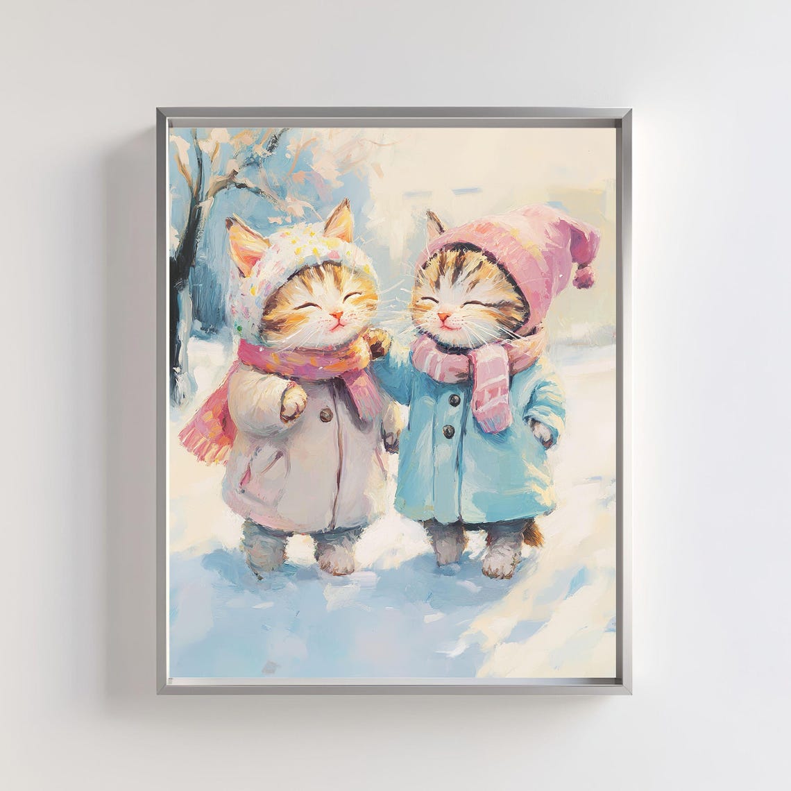 Two Cute Kittens In Winter Coats Strolling Through Snow Art Poster