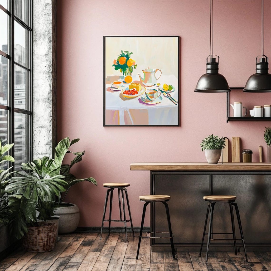 Pastel Breakfast Tea Table With Teapot And Citrus Still Life Poster - Image 2