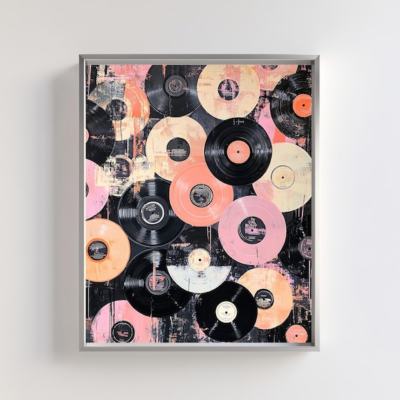Retro Vinyl Records Collage Pink Peach Black Music Lover Art Poster