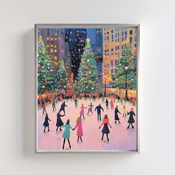 Christmas City Scene, Ice Skating Rink Poster Print