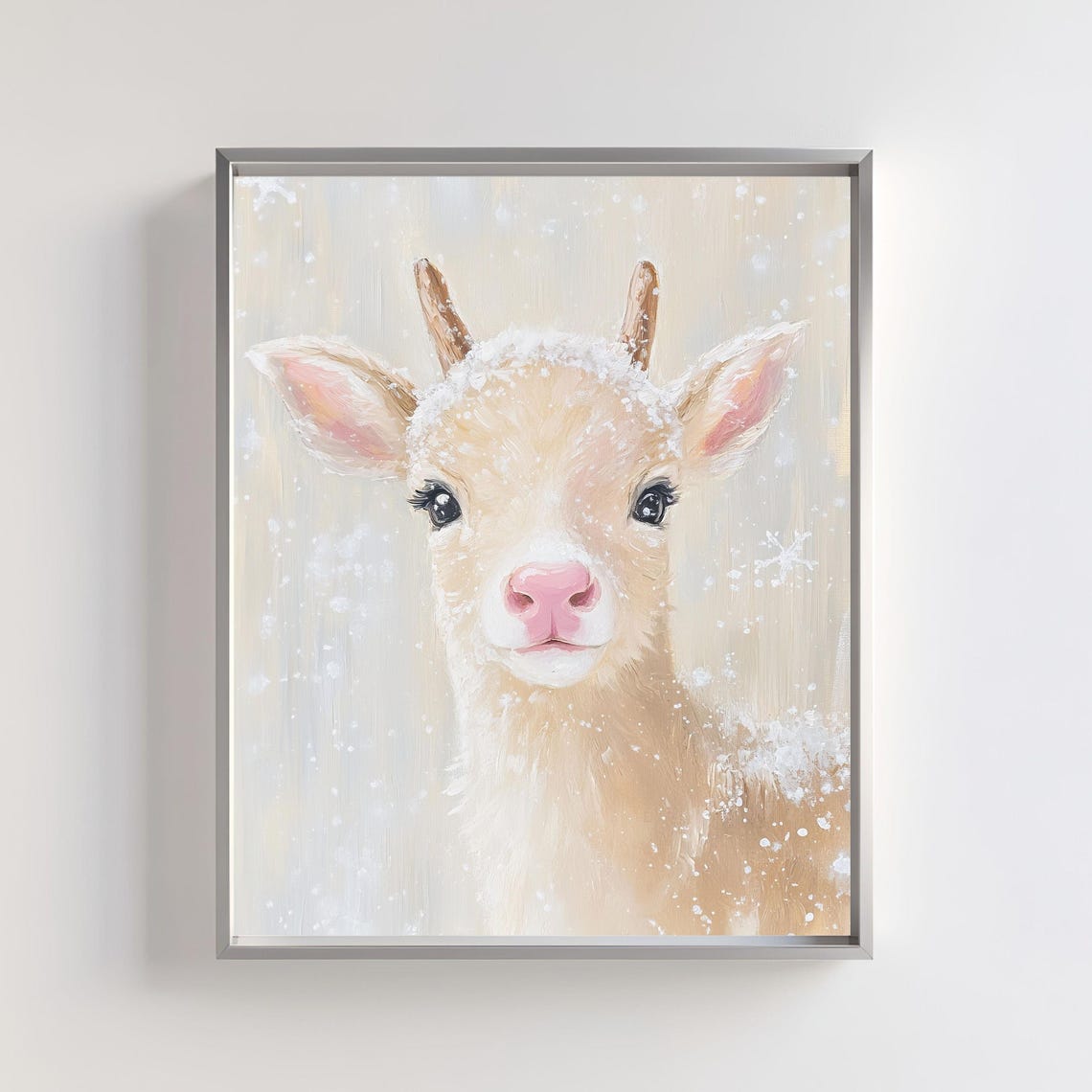 Sweet Baby Reindeer With Snowflakes Winter Deer Portrait Art Poster