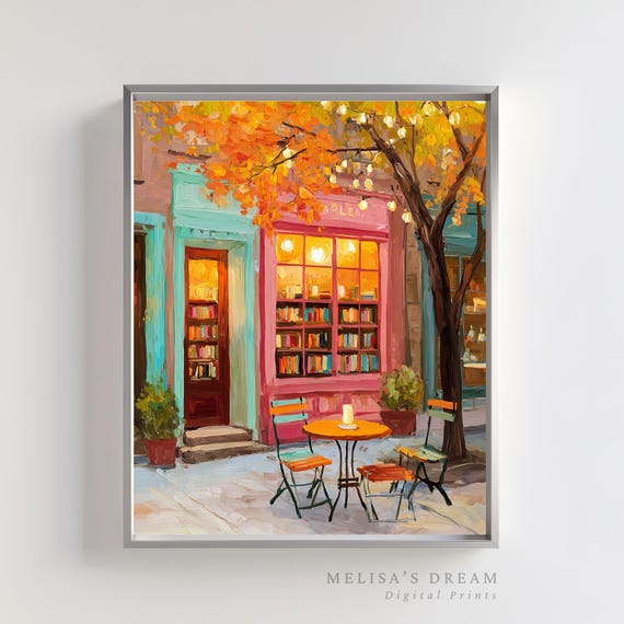 Cozy Bookstore Art Print, Autumn Bookshop Scene