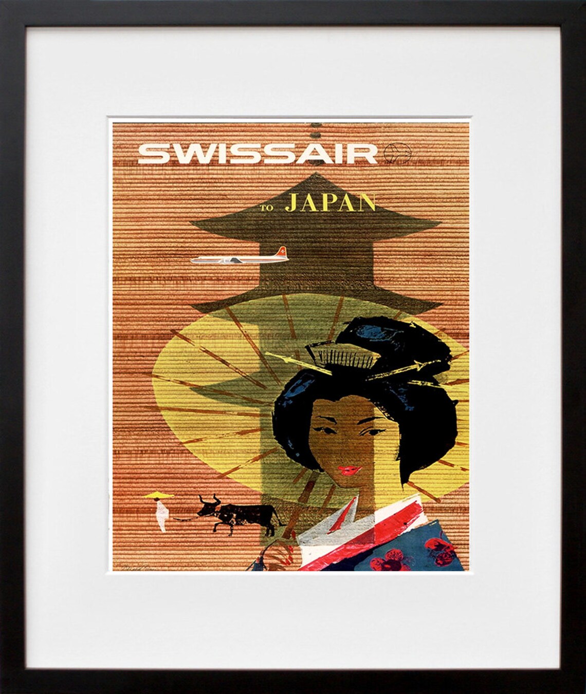 Swissair to Japan Geisha Parasol Bamboo Vintage Airline Poster - Image 2