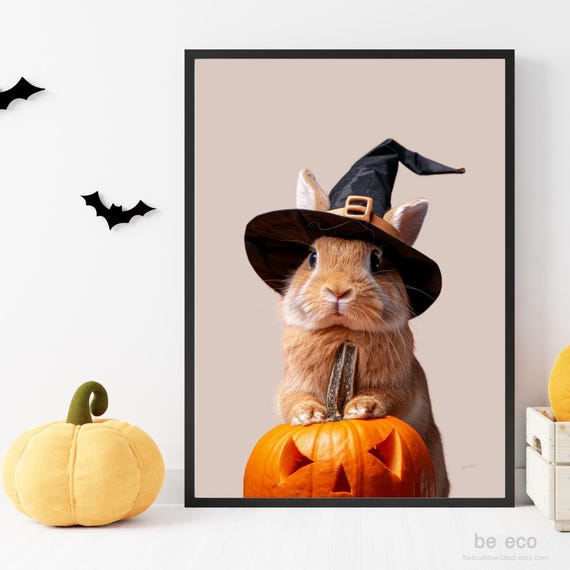 Bunny Halloween Decor Spooky Cute Art Print Pumpkin Witch Hat Prints