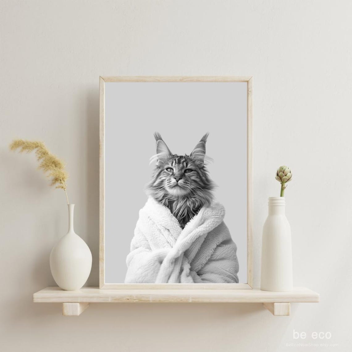 Maine Coon Cat White Bathrobe Funny Animal Portrait Bathroom Wall Art
