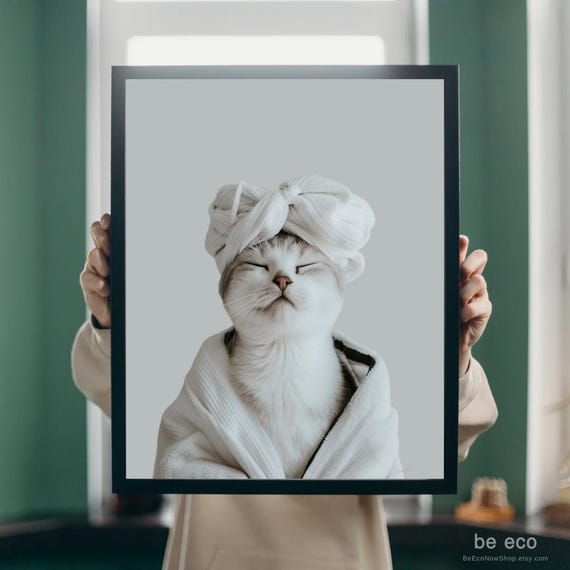 Cat In Bathrobe Print Funny Bathroom Animal Art