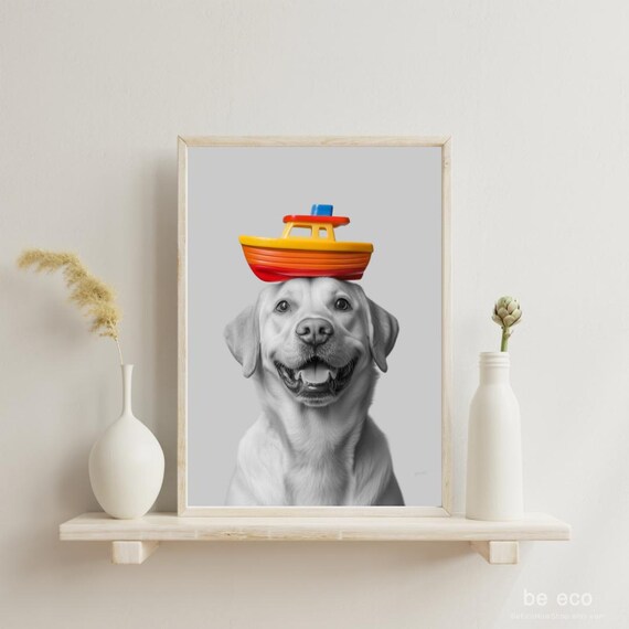 Labrador Dog Smiling Toy Boat on Head Funny Bathroom Kids Animal Poster