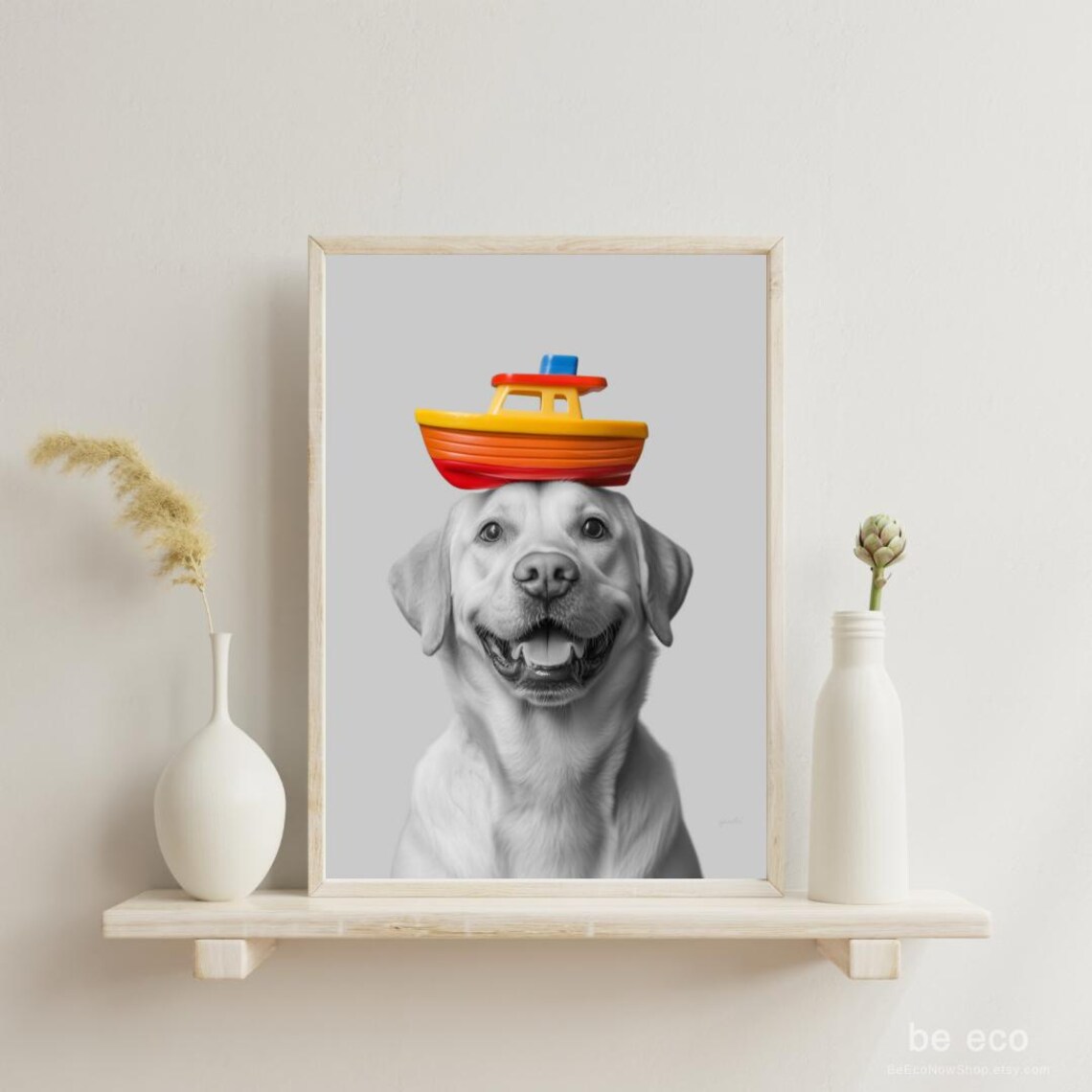 Labrador Dog Smiling Toy Boat on Head Funny Bathroom Kids Animal Poster