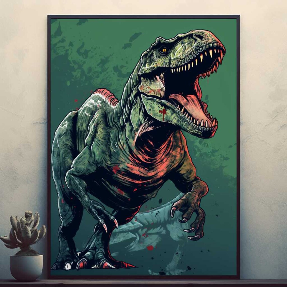 Roaring T-Rex Dinosaur Illustration on a Green Backdrop Poster