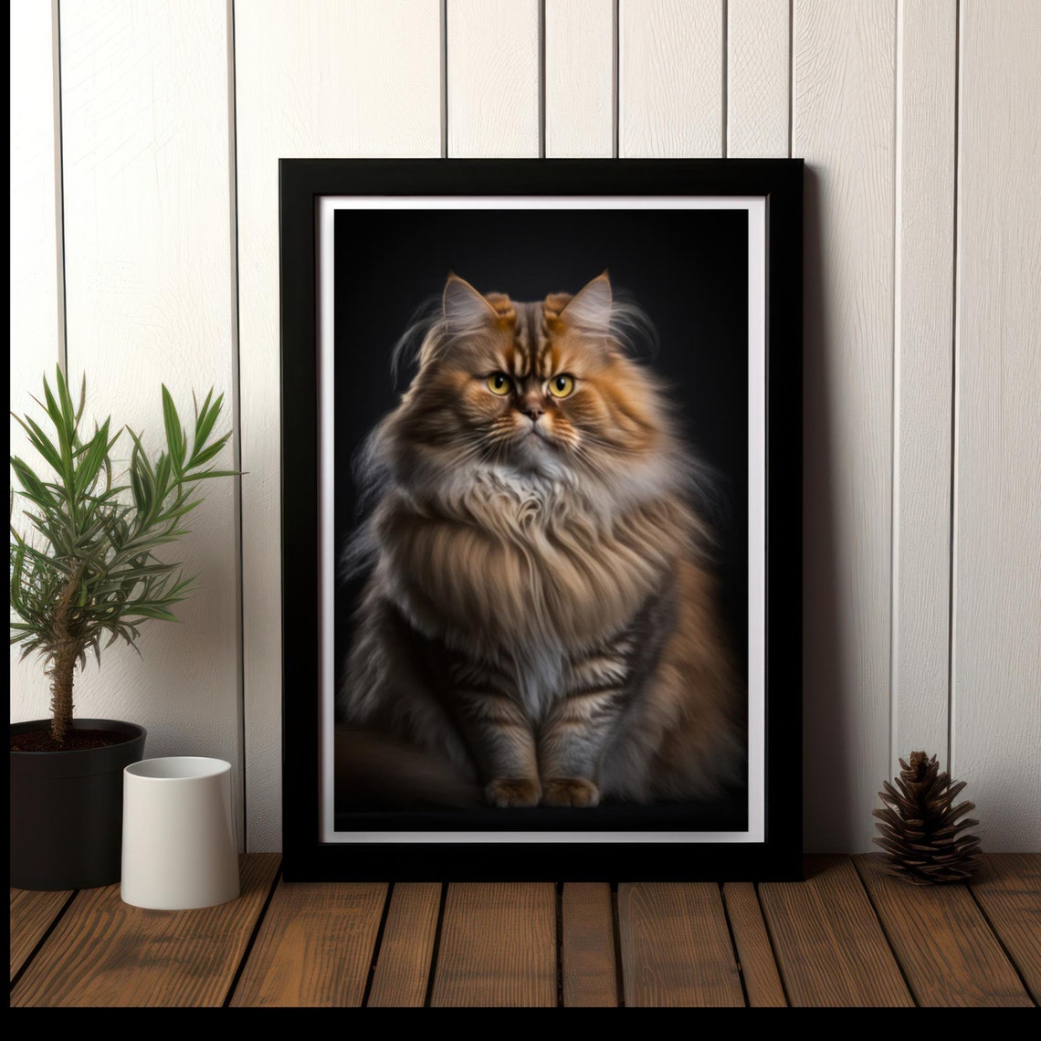 Long Haired Tabby Cat Studio Portrait Dark Background Poster