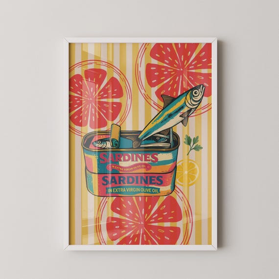 Retro Sardines Kitchen Print Mediterranean Citrus Herbs Art