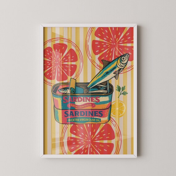 Retro Sardines Tin Poster with Citrus Fruit Vintage Olive Oil Label Art